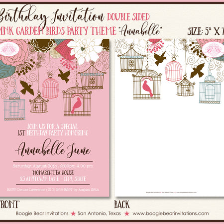 Pink Birds Birthday Party Invitation Garden Flowers Girl Birdcage Fly Picnic Garden Forest Cage Annabelle Theme Paperless Printable Printed