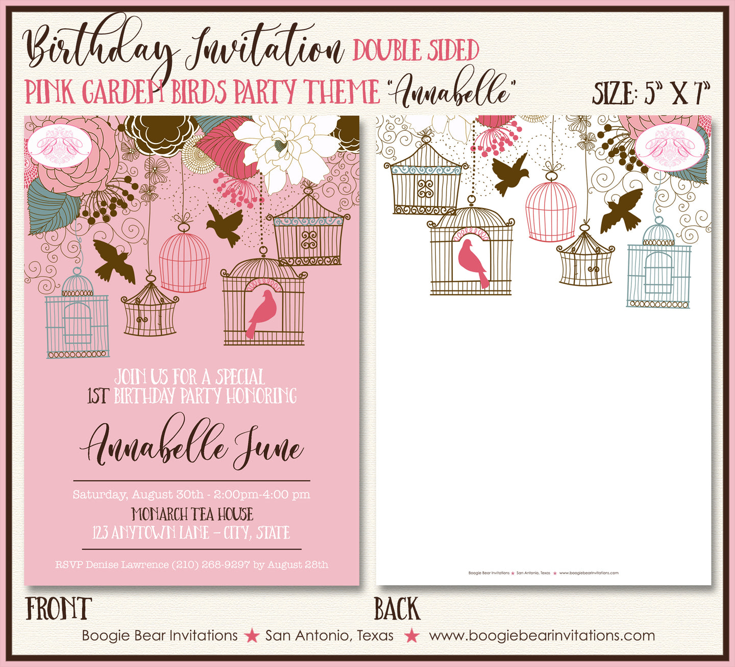 Pink Birds Birthday Party Invitation Garden Flowers Girl Birdcage Fly Picnic Garden Forest Cage Annabelle Theme Paperless Printable Printed