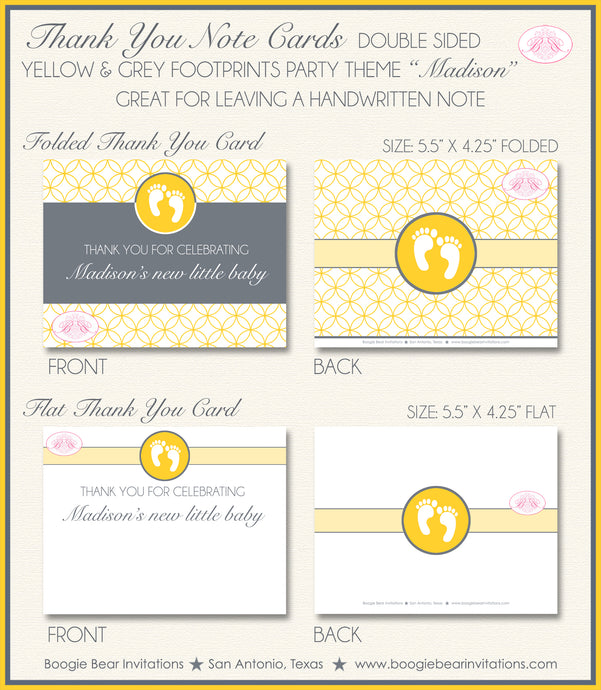 Yellow Grey Footprints Baby Shower Thank You Card Note Party Gender Neutral Boogie Bear Invitations Madison Theme Printed
