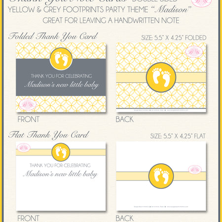 Yellow Grey Footprints Baby Shower Thank You Cards Note Party Boogie Bear Invitations Madison Theme Printed