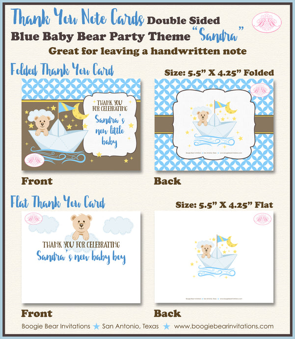 Teddy Bear Baby Shower Thank You Card Blue Paper Boat Hat Boogie Bear Invitations Sandra Theme Printed