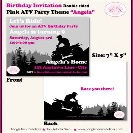 Pink ATV Birthday Party Invitation Girl Quad 4 Wheeler Boogie Bear Invitations Angela Theme Printed