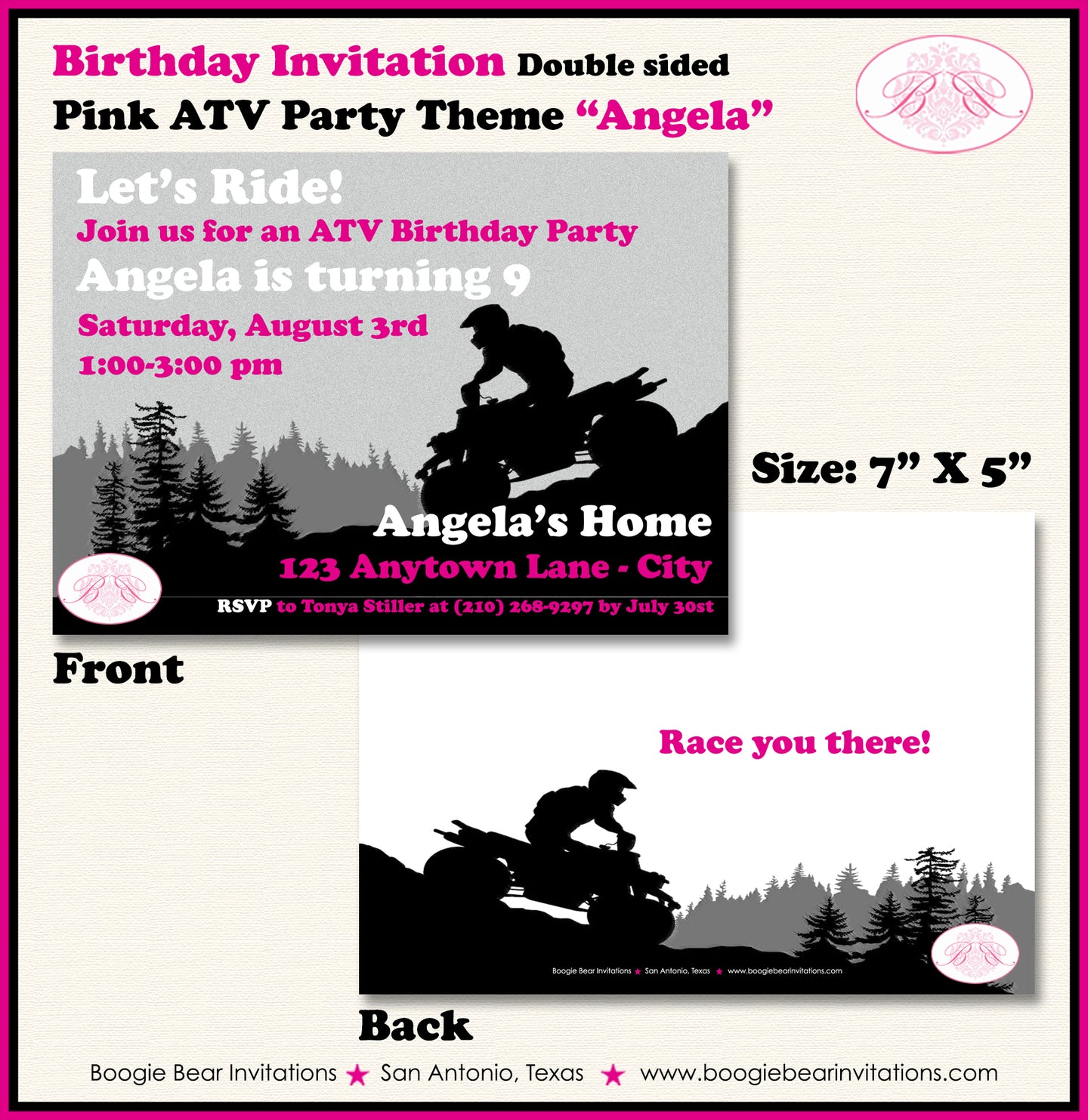 Pink ATV Birthday Party Invitation Girl Quad 4 Wheeler Boogie Bear Invitations Angela Theme Printed