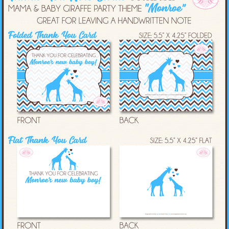 Blue Giraffe Boy Thank You Card Baby Shower Party Boogie Bear Invitations Monroe Theme Printed