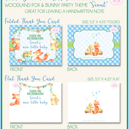 Woodland Fox Bunny Thank You Card Baby Shower Garden Boogie Bear Invitations Scout Theme Printed