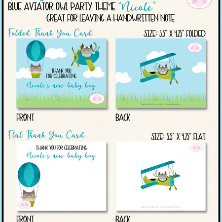 Blue Aviator Owl Party Thank You Card Baby Shower Note Airplane Boogie Bear Invitations Nicole Theme Printed