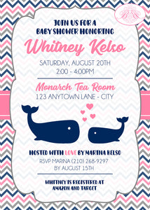 Pink Navy Whale Baby Shower Invitation Girl Boogie Bear Invitations Whitney Theme Paperless Printable Printed