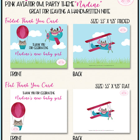 Pink Aviator Owl Party Thank You Card Baby Shower Note Airplane Boogie Bear Invitations Nadine Theme Printed