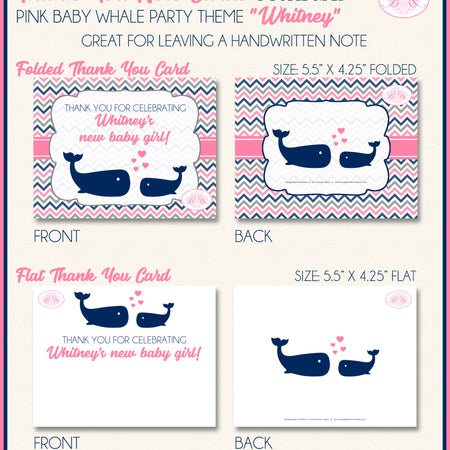 Pink Navy Whale Baby Shower Thank You Card Favor Girl Boogie Bear Invitations Whitney Theme Printed