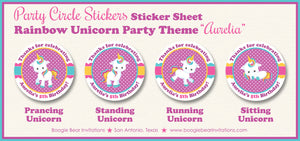 Rainbow Unicorn Party Stickers Circle Sheet Birthday Girl Pink Yellow Blue Purple Polka Dot Magic Kids Boogie Bear Invitations Aurelia Theme