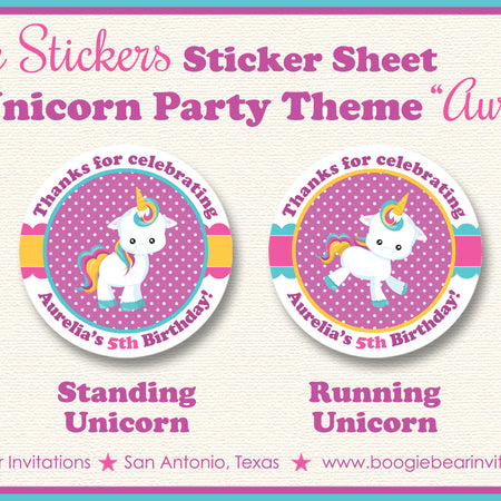 Rainbow Unicorn Party Stickers Circle Sheet Birthday Girl Pink Boogie Bear Invitations Aurelia Theme
