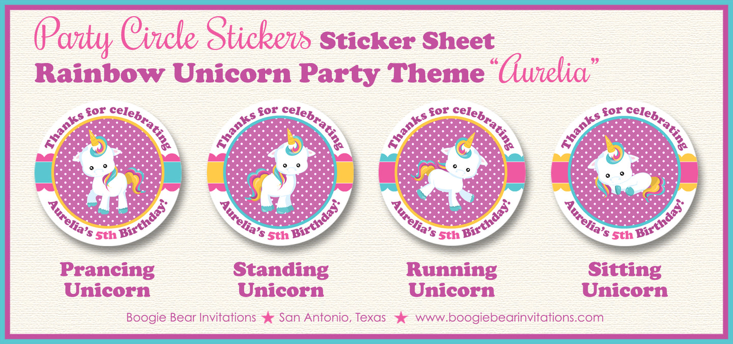 Rainbow Unicorn Party Stickers Circle Sheet Birthday Girl Pink Yellow Blue Purple Polka Dot Magic Kids Boogie Bear Invitations Aurelia Theme