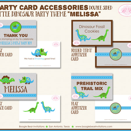 Little Dinosaur Baby Shower Favor Party Card Tent Place Food Blue Boogie Bear Invitations Melissa Theme