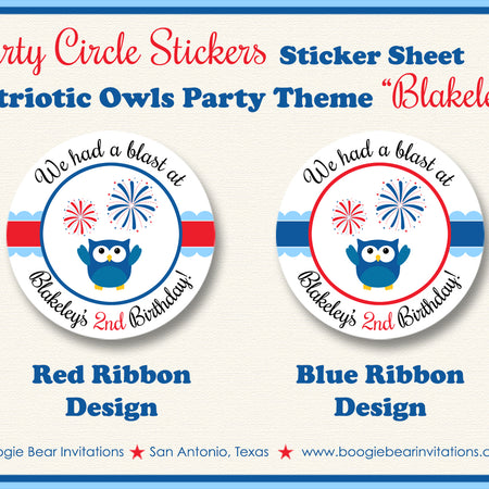 4th of July Birthday Party Stickers Circle Sheet Round Owls Boogie Bear Invitations Blakeley Theme