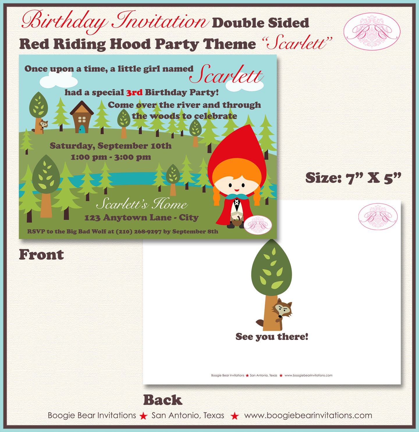 Red Riding Hood Party Invitation Birthday Girl Boogie Bear Invitations Scarlett Theme Paperless Printable Printed