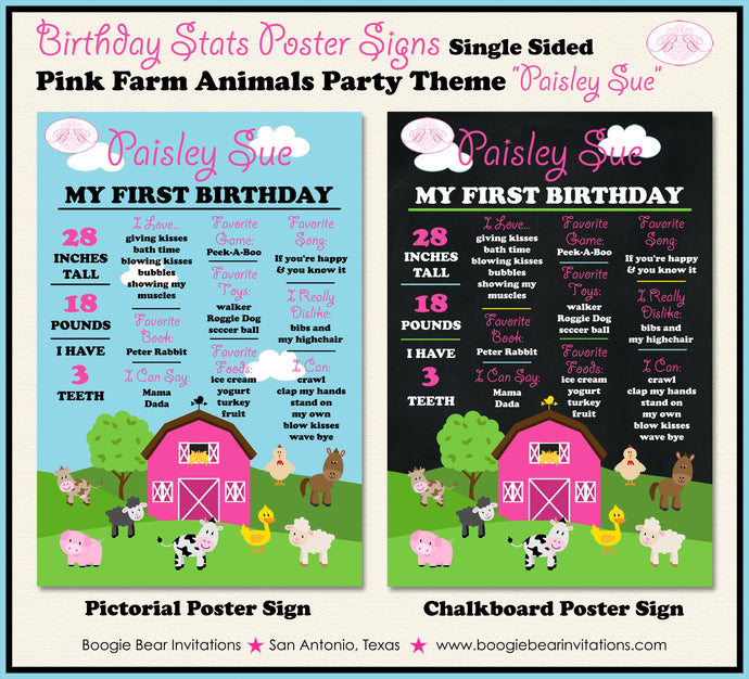 Farm Animals Birthday Party Sign Stats Poster Chalkboard Girl Pink Barn Country Petting Zoo Boogie Bear Invitations Paisley Sue Theme