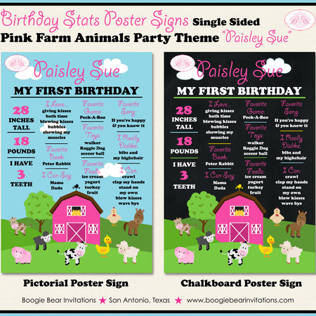 Farm Animals Birthday Party Sign Stats Poster Chalkboard Girl Pink Barn Country Petting Zoo Boogie Bear Invitations Paisley Sue Theme