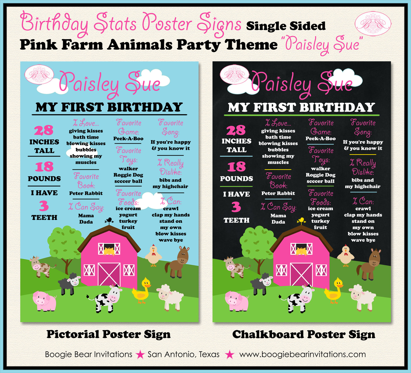 Farm Animals Birthday Party Sign Stats Poster Chalkboard Girl Pink Barn Country Petting Zoo Boogie Bear Invitations Paisley Sue Theme