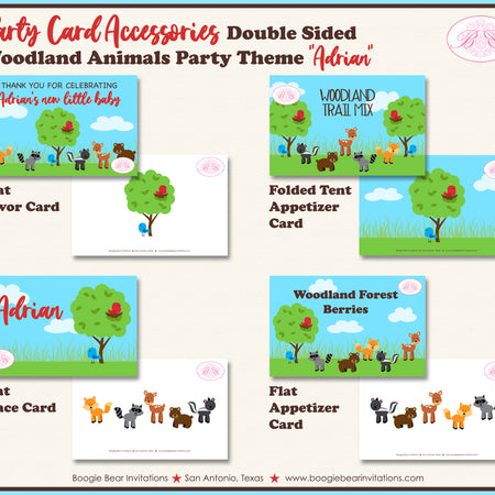 Woodland Animals Baby Shower Favor Card Place Food Tag Tent Appetizer Party Boogie Bear Invitations Adrian Theme