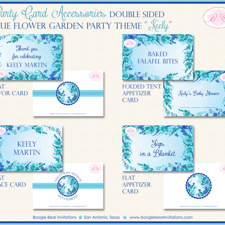 Blue Flower Garden Baby Shower Favor Party Card Appetizer Food Place Sign Label Boogie Bear Invitations Keely Theme