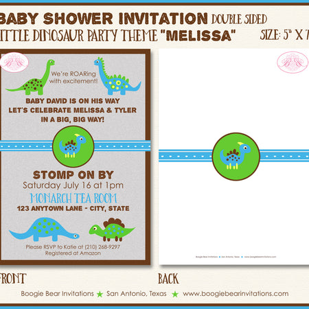 Little Dinosaur Baby Shower Invitation Party Blue Boogie Bear Invitations Melissa Theme Paperless Printable Printed