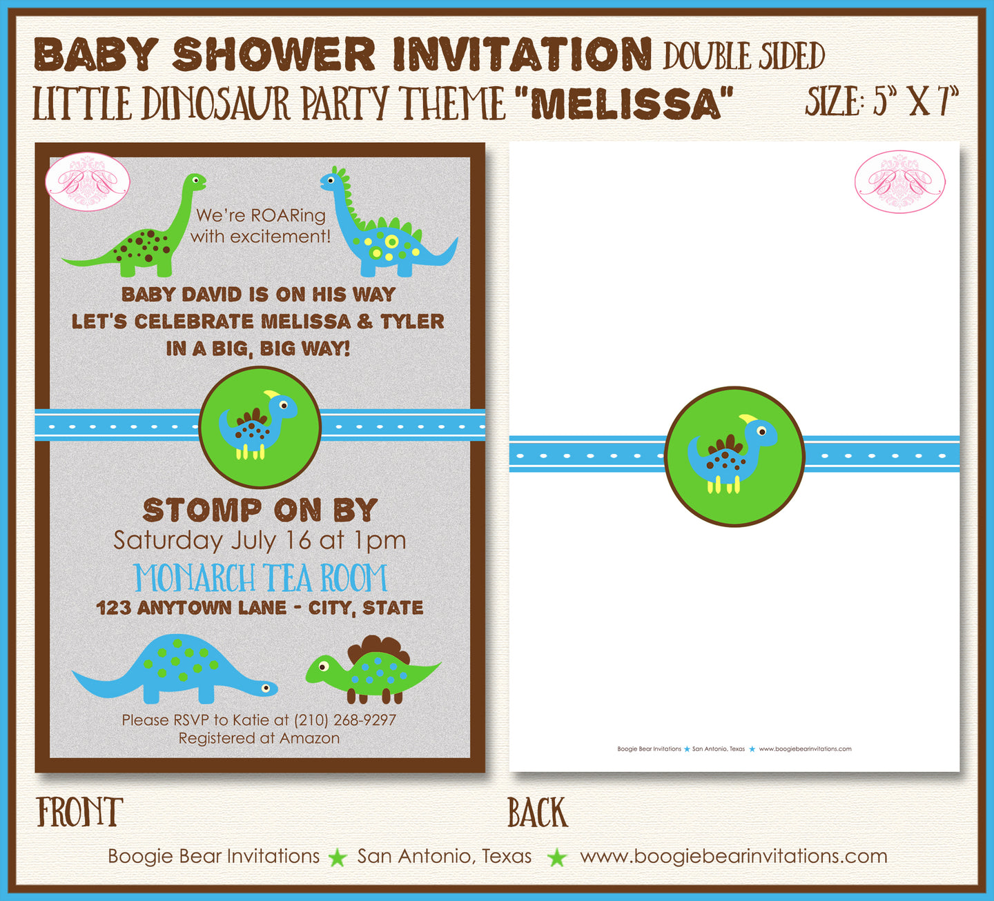 Little Dinosaur Baby Shower Invitation Party Blue Boogie Bear Invitations Melissa Theme Paperless Printable Printed