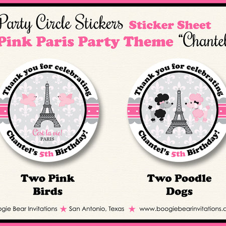 Pink Paris Party Stickers Circle Sheet Round Pink Blue Tag France French Boogie Bear Invitations Chantel Theme