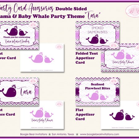 Purple Whale Baby Shower Party Favor Party Card Tent Food Place Folded Appetizer Boogie Bear Invitations Tara Theme