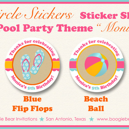 Flip Flop Pool Party Stickers Circle Sheet Birthday Pink Swimming Boogie Bear Invitations Monica Theme