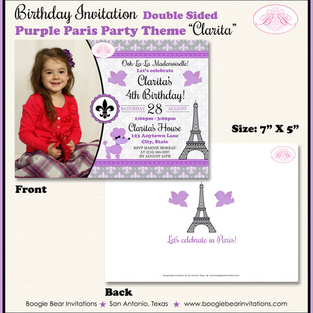 Purple Paris Birthday Party Invitation Photo France French Boogie Bear Invitations Clarita Theme Paperless Printable Printed