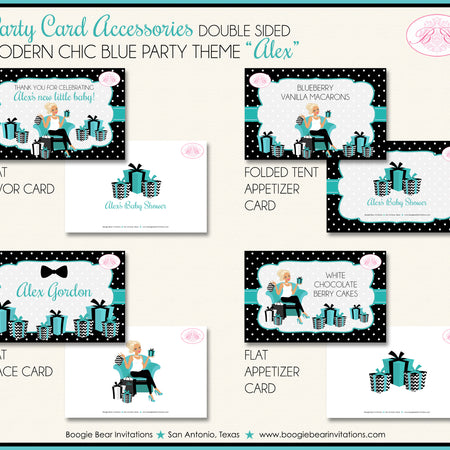 Modern Chic Blue Baby Shower Favor Party Card Tent Place Food Appetizer Boogie Bear Invitations Alex Theme Printed