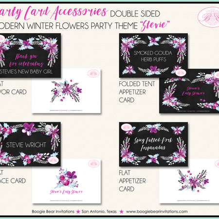 Modern Winter Flowers Baby Shower Favor Party Card Tent Place Food Appetizer Pink Boogie Bear Invitations Stevie Theme