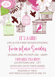 Pink Garden Birds Baby Shower Invitation Girl Party Boogie Bear Invitations Fiona Theme Paperless Printable Printed