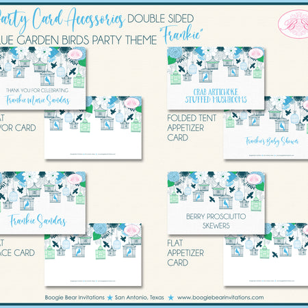 Blue Garden Birds Baby Shower Party Favor Card Tent Appetizer Place Food Boy Boogie Bear Invitations Frankie Theme