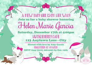 Woodland Winter Fox Baby Shower Invitation Pink Girl Boogie Bear Invitations Helen Theme Paperless Printable Printed