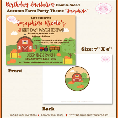 Autumn Farm Pumpkin Birthday Party Invitation Fall Harvest Boogie Bear Invitations Josephine Theme Paperless Printable Printed
