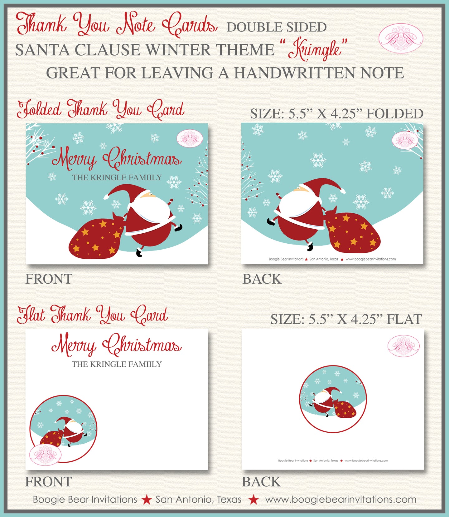Santa Claus Christmas Party Thank You Cards Holiday Red Cookie Exchange Snowflake Boogie Bear Invitations Kringle Theme Printed Envelopes