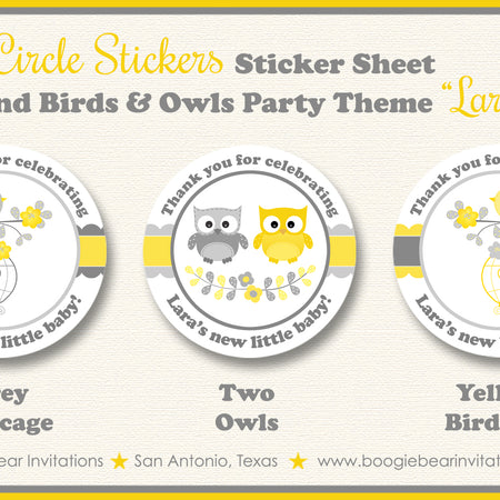 Woodland Birds Owls Party Stickers Baby Shower Yellow Boogie Bear Invitations Lara Theme