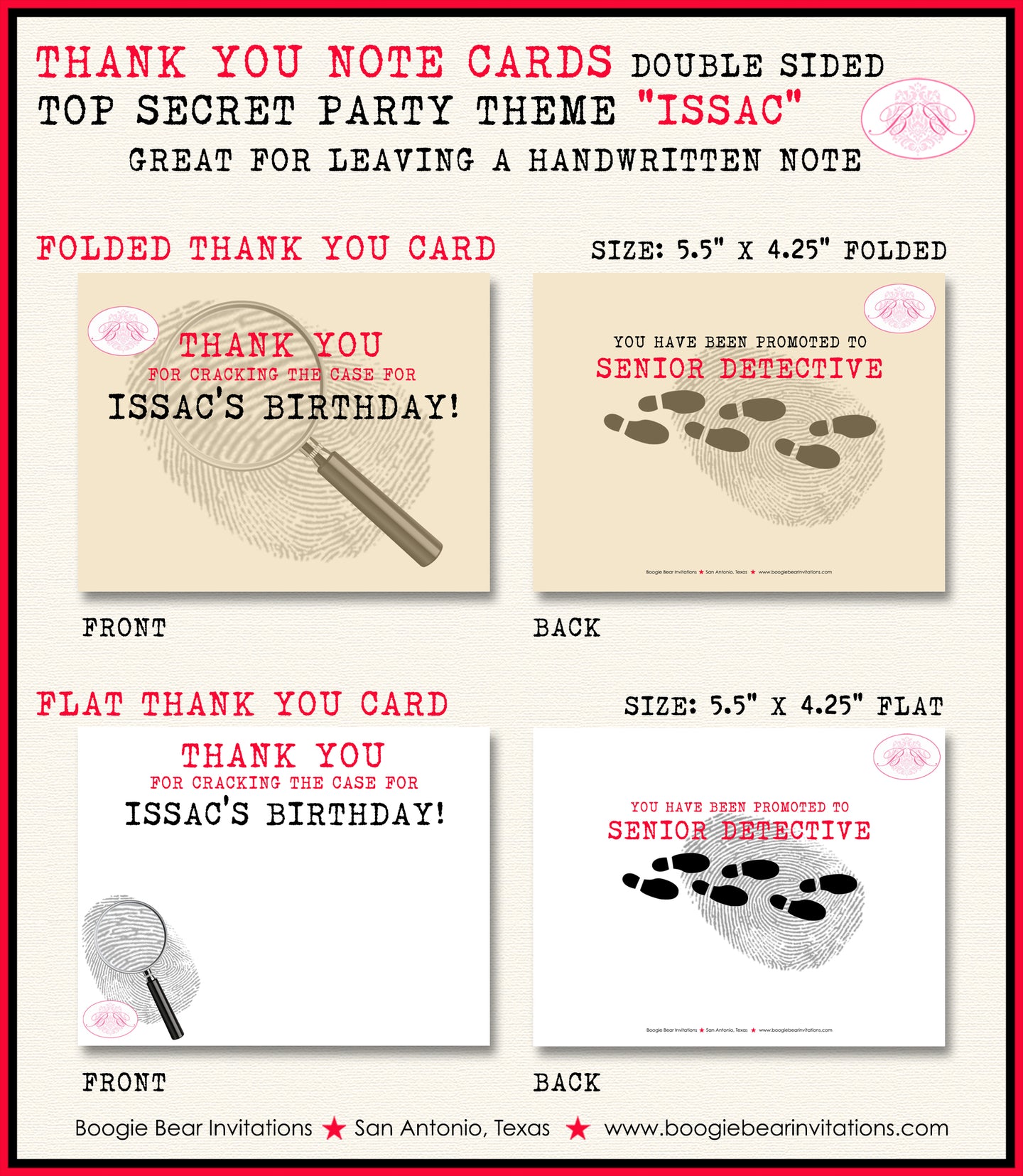 Mystery Clue Birthday Party Thank You Card Top Secret Boogie Bear Invitations Issac Theme Printed