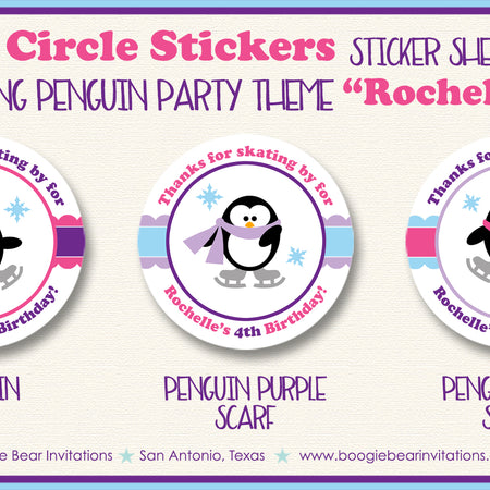 Ice Skating Penguin Birthday Party Stickers Circle Sheet Round Pink Boogie Bear Invitations Rochelle Theme
