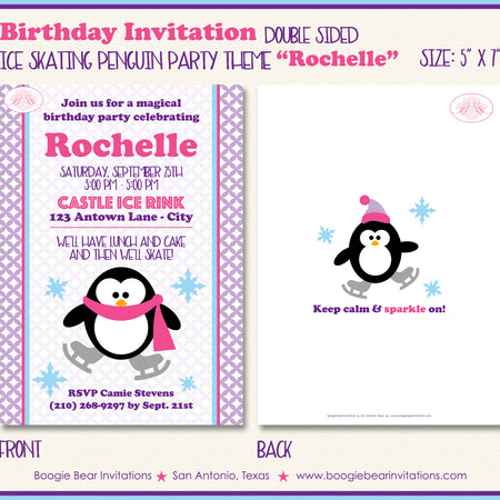 Ice Skating Birthday Party Invitation Penguin Pink Boogie Bear Invitations Rochelle Theme Paperless Printable Printed