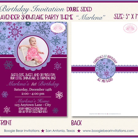Snowflake Birthday Party Invitation Photo Girl Lavender Winter Boogie Bear Invitations Marlena Theme Paperless Printable Printed
