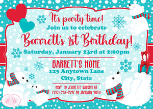 Polar Bear Birthday Party Invitation Winter Christmas Boogie Bear Invitations Barrett Theme Paperless Printable Printed