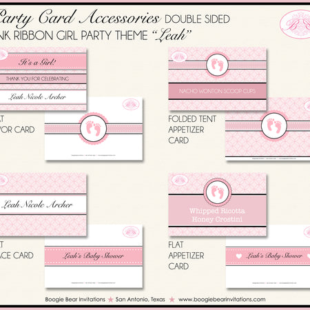Pink Ribbon Baby Shower Party Favor Card Tent Food Footprints Boogie Bear Invitations Leah Theme