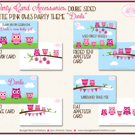 Pink Owl Baby Shower Party Favor Card Tent Place Sign Appetizer Girl Boogie Bear Invitations Darla Theme Printed