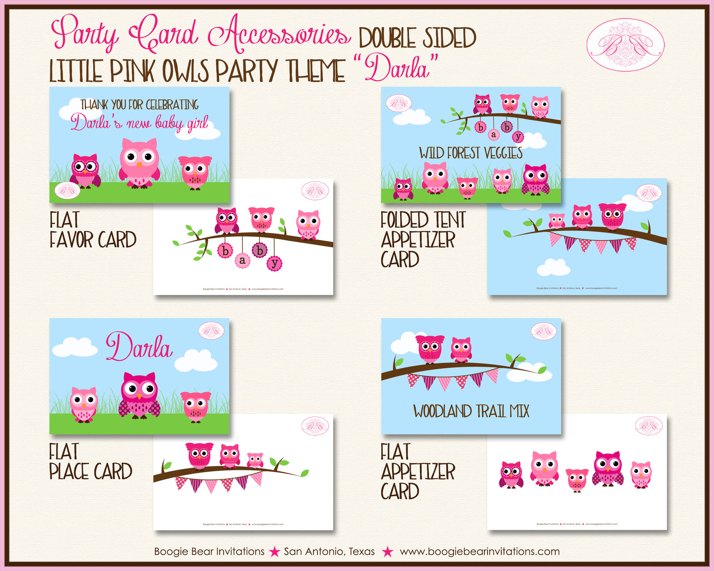 Pink Owl Baby Shower Party Favor Card Tent Place Sign Appetizer Girl Boogie Bear Invitations Darla Theme Printed