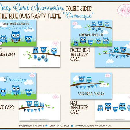 Blue Owl Baby Shower Party Favor Card Tent Place Sign Appetizer Boy Boogie Bear Invitations Dominique Theme Printed
