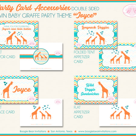 Twin Giraffe Baby Shower Favor Card Tent Place Appetizer Orange Aqua Boogie Bear Invitations Joyce Theme Printed
