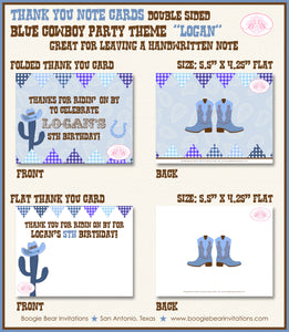 Blue Cowboy Party Thank You Card Birthday Cactus Country Boy Boogie Bear Invitations Logan Theme Printed