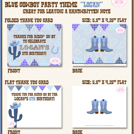 Blue Cowboy Party Thank You Card Birthday Cactus Country Boy Boogie Bear Invitations Logan Theme Printed